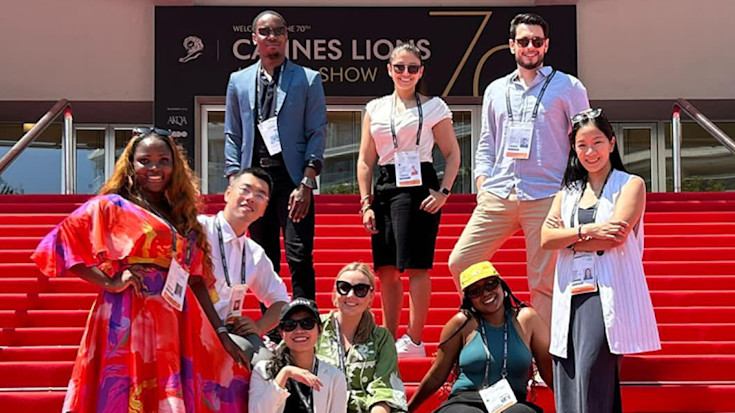 Members of the Jodi Harris Scholarship cohort on the steps outside Cannes Lions.